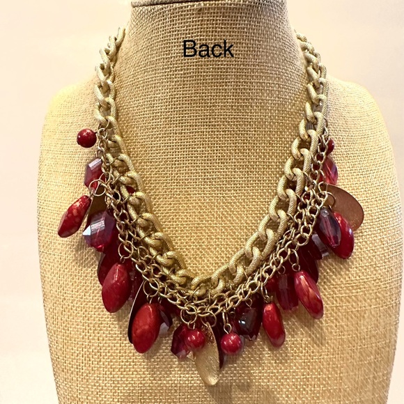 Necklace & Earring set- Brushed gold w/ multiple red acrylic beads - Picture 6 of 12